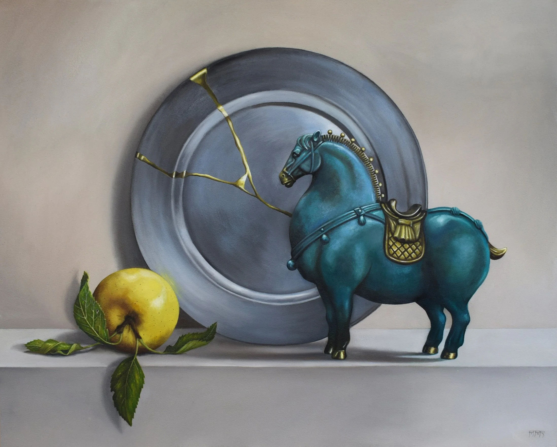 Painting of a blue horse with golden hooves, a saddle, and a golden bridle, set against a circular gray background. A yellow apple with green leaves is placed in the foreground.