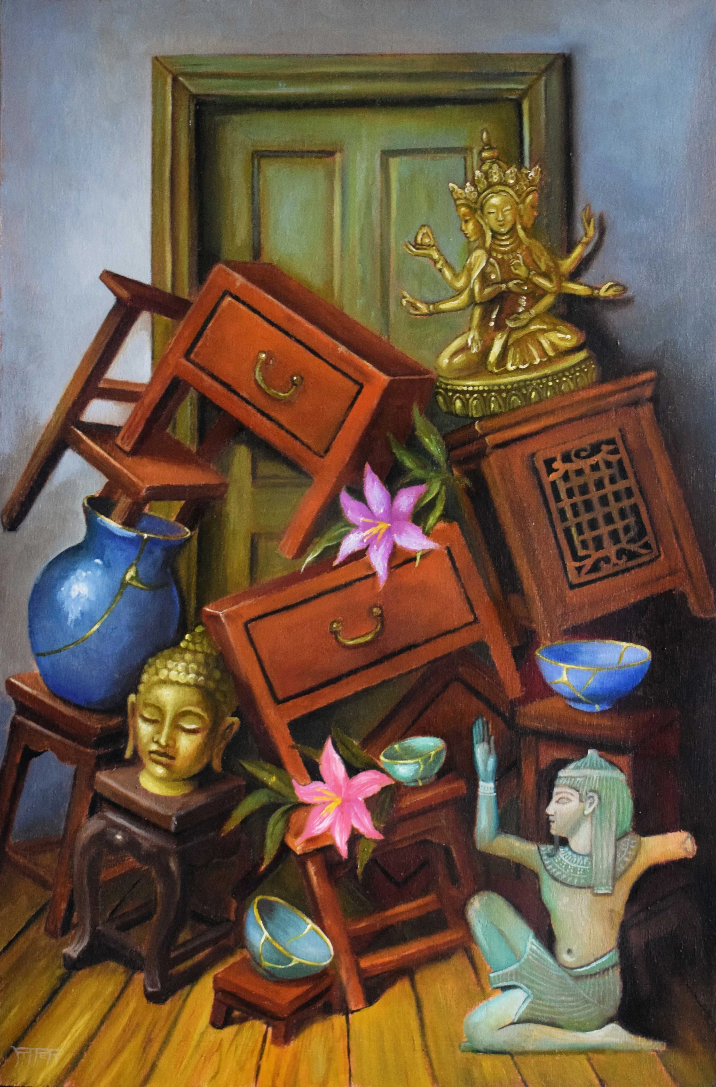 A still life painting of a cluttered wooden table and shelves filled with Asian-inspired artifacts. Items include blue and gold vases, a golden Buddha head, pink lilies, a green skull, a colorful bust of a woman, a brass figurine with multiple arms, 