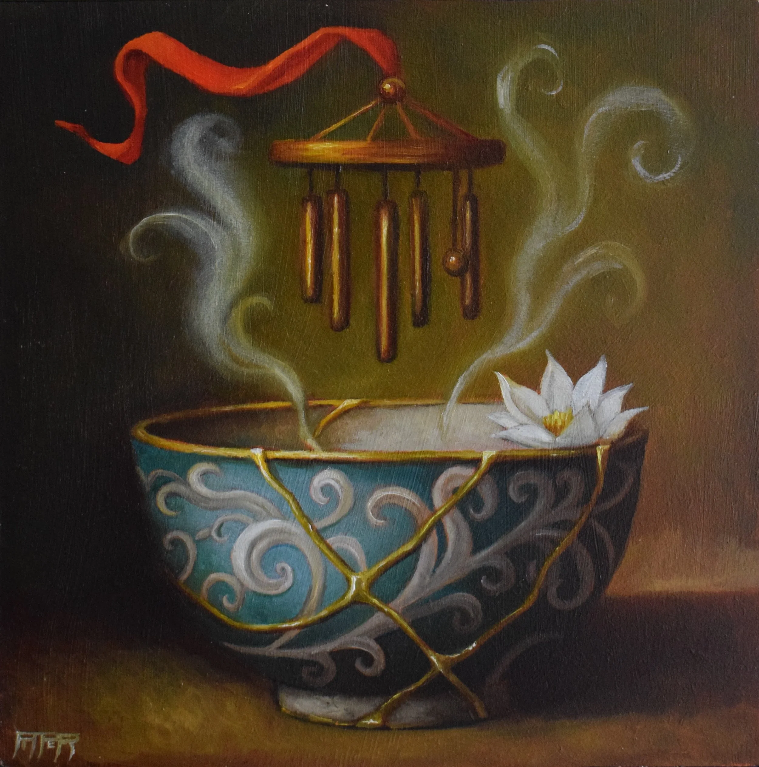 Painting of a chalice with a red ribbon and a daisy flower at the bottom, swirling white and gray background.