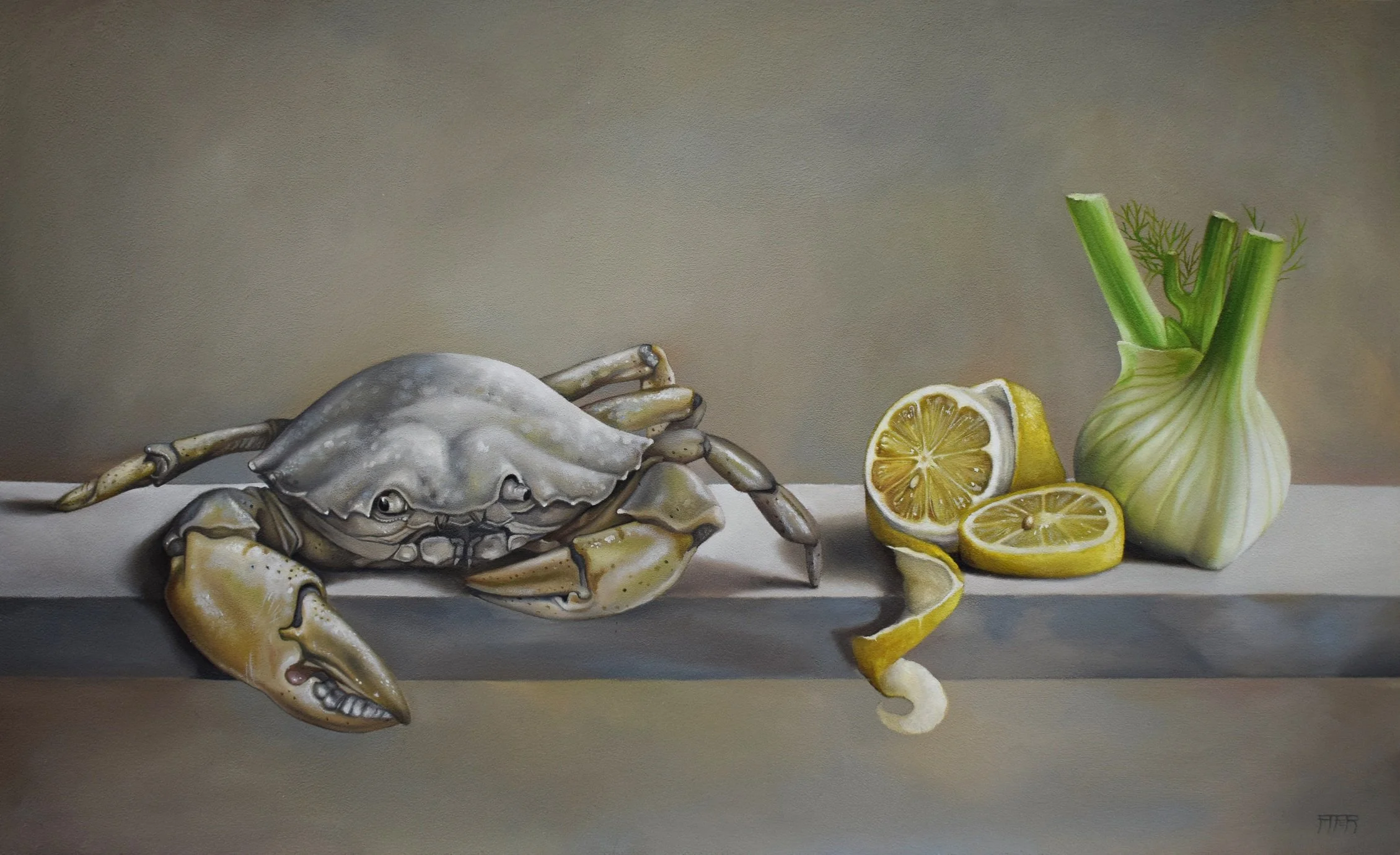 A realistic painting of a crab and a crab shell on a white surface, with halved lemons and a white onion with green stems arranged behind them, against a plain neutral background.