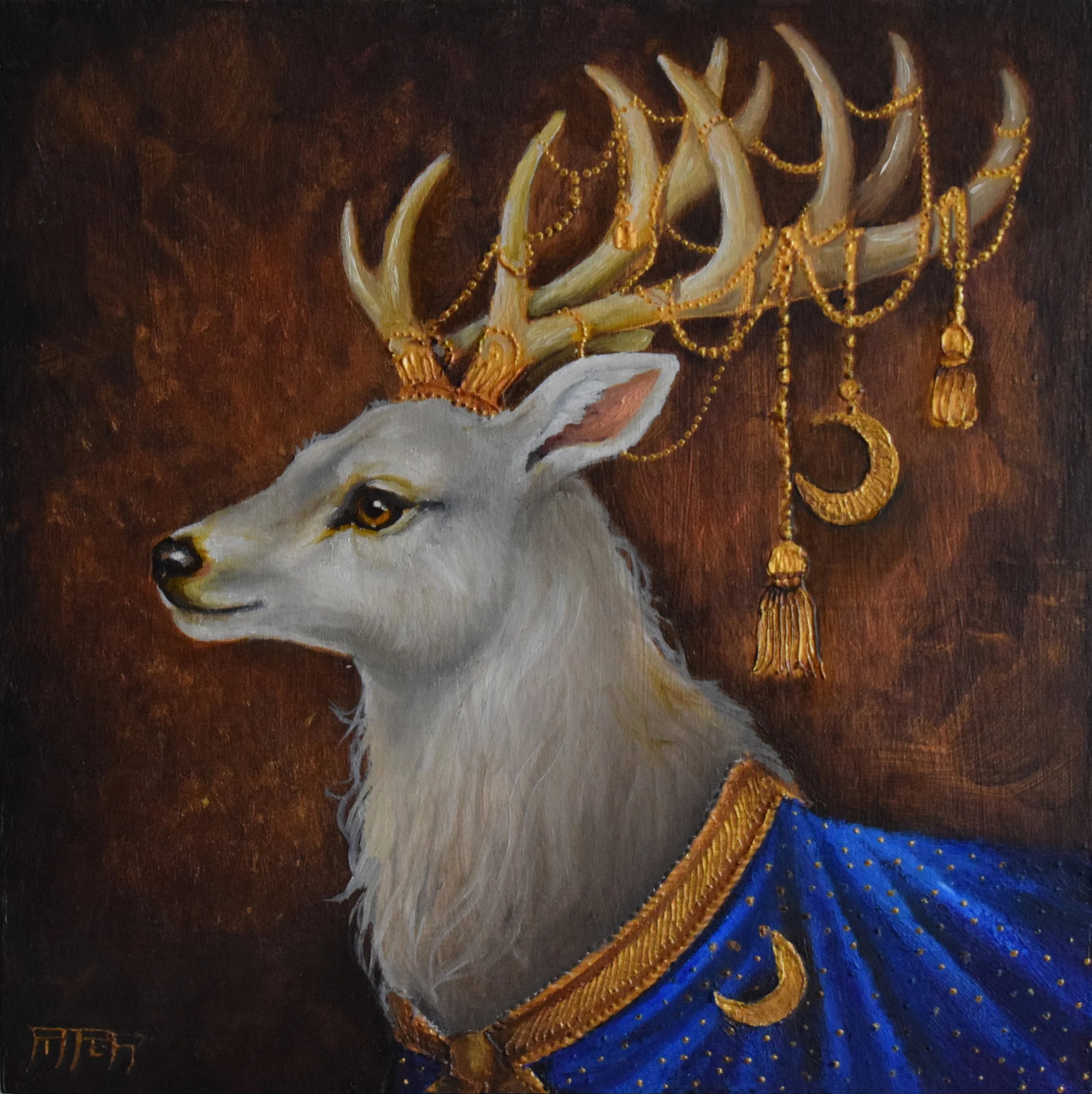 Painting of a white wolf wearing a blue garment with gold trim and golden jewelry, including earrings and a beaded necklace, against a dark brown background.