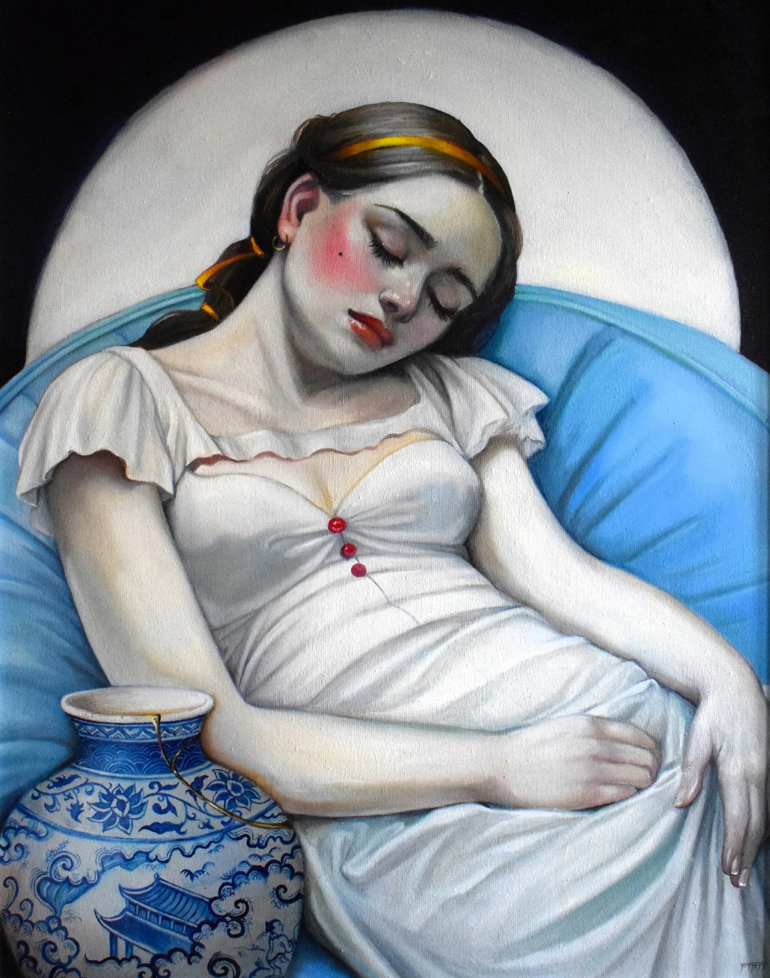 A painting of a woman with dark hair tied with orange ribbons, closed eyes, wearing red lipstick, and a white dress with red buttons, resting her head on a blue pillow. There is a blue and white patterned item, possibly a ceramic bowl, near her shoulder.