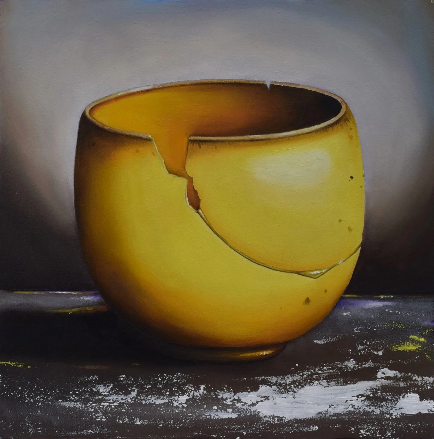 A painting of a yellow ceramic pot with a crack running from the rim to the base, sitting on a dark surface with white and yellow paint splatters, against a light gray background.