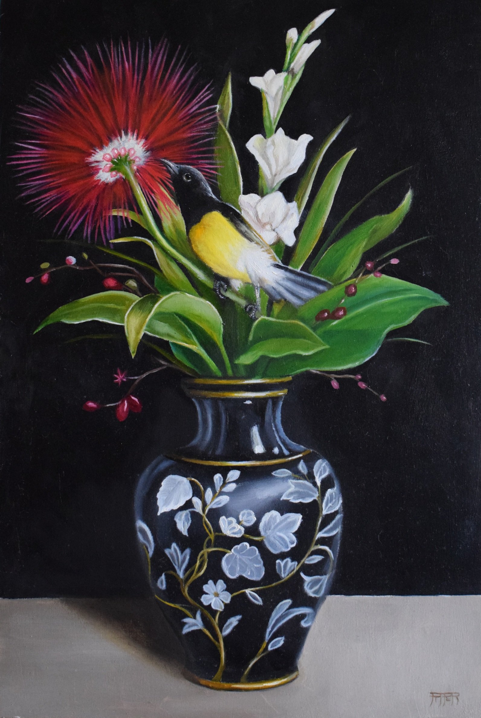 A painting of a floral arrangement in a black vase with white floral patterns. The arrangement includes a red and purple spherical flower, white lisianthus flowers, and green leaves. A small bird with black, white, and yellow feathers is perched amon