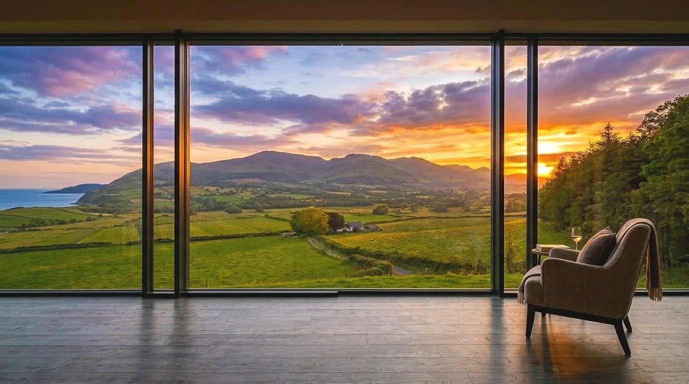 An armchair facing floor-to-ceiling windows over green hills at sunset