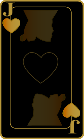 Black Jack  playing card with a black background, gold border, and gold suits of clubs and hearts, featuring stylized black and gold illustrations.
