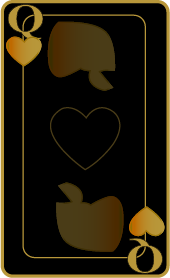 A black Queen playing card with gold accents featuring a spade, heart, and club symbols, and a small gold spade in the top left corner.