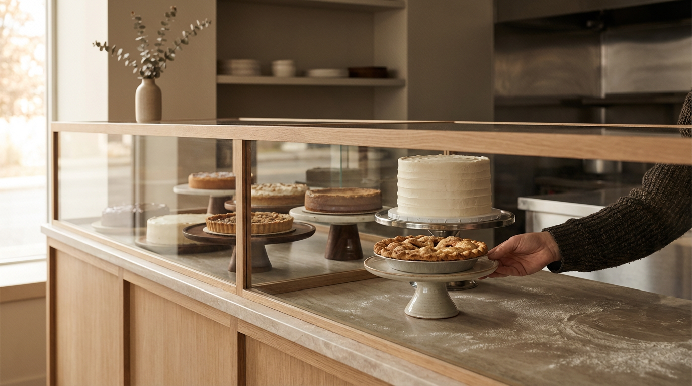 Display case with various cakes and pies on cake stands, and a person's hand reaching in to place a pie on a cake stand.