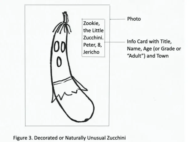 A drawing of a zucchini with a face and a torn dress, labeled as Zookie, the Little Zucchini, by Peter, age 8. The image includes a photo and an info card with title, name, age, and town.