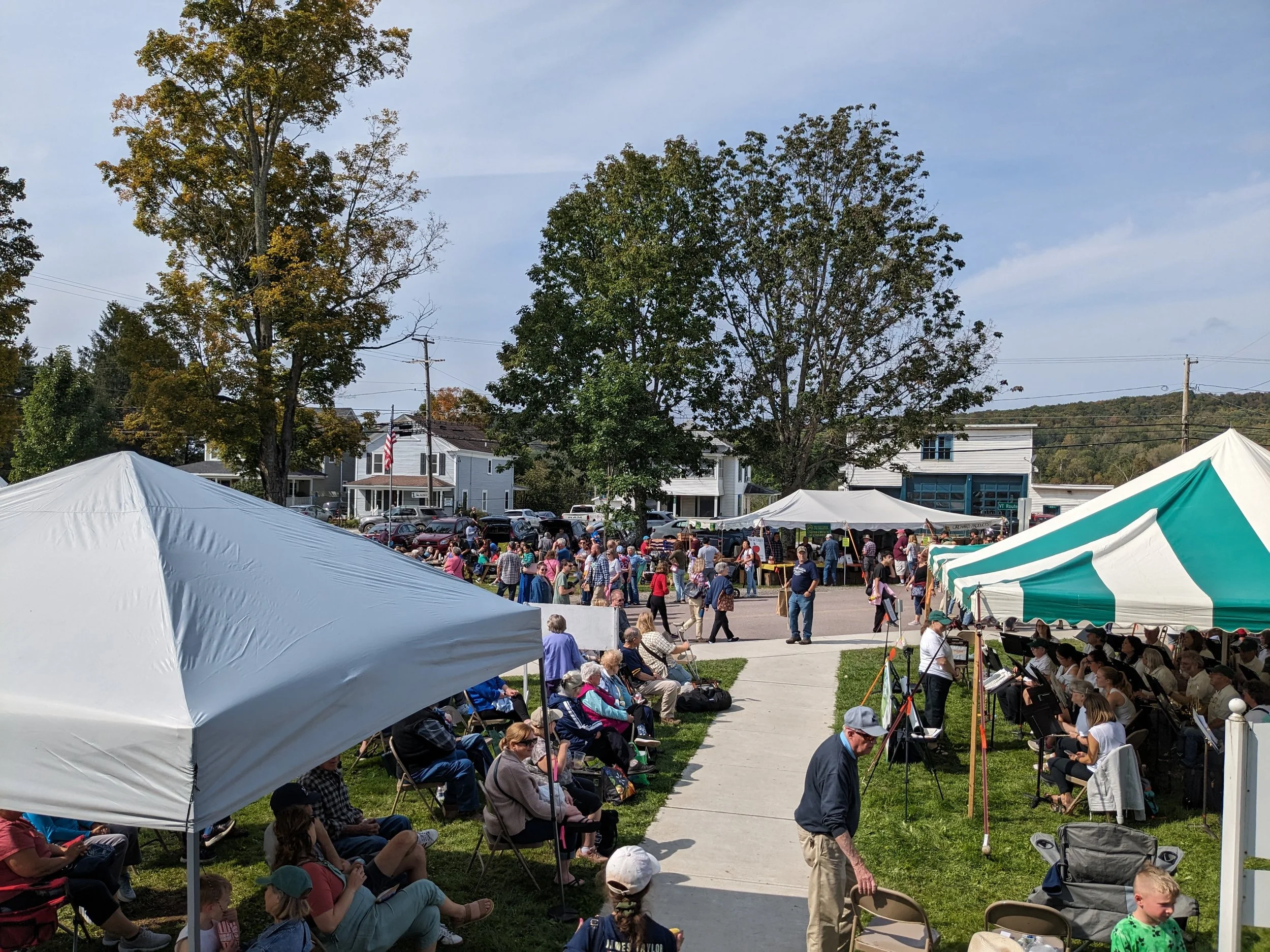 Crowd gathered at an outdoor event with large trees, tents, and houses in the background on a sunny day.