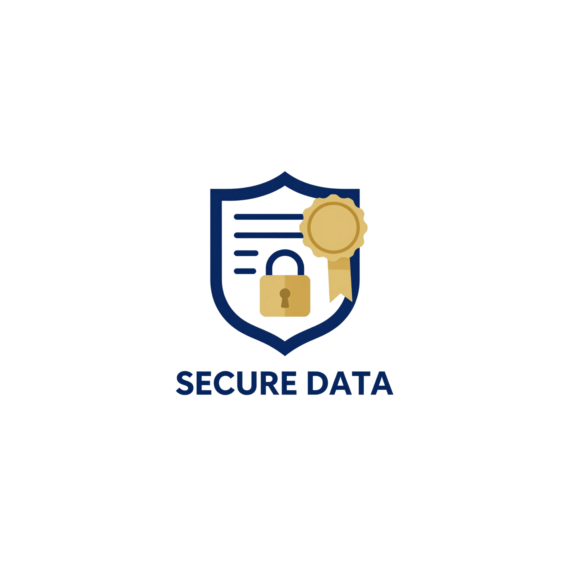 Secure data shield with a gold lock in front of a shield outline, representing data protection and cybersecurity.