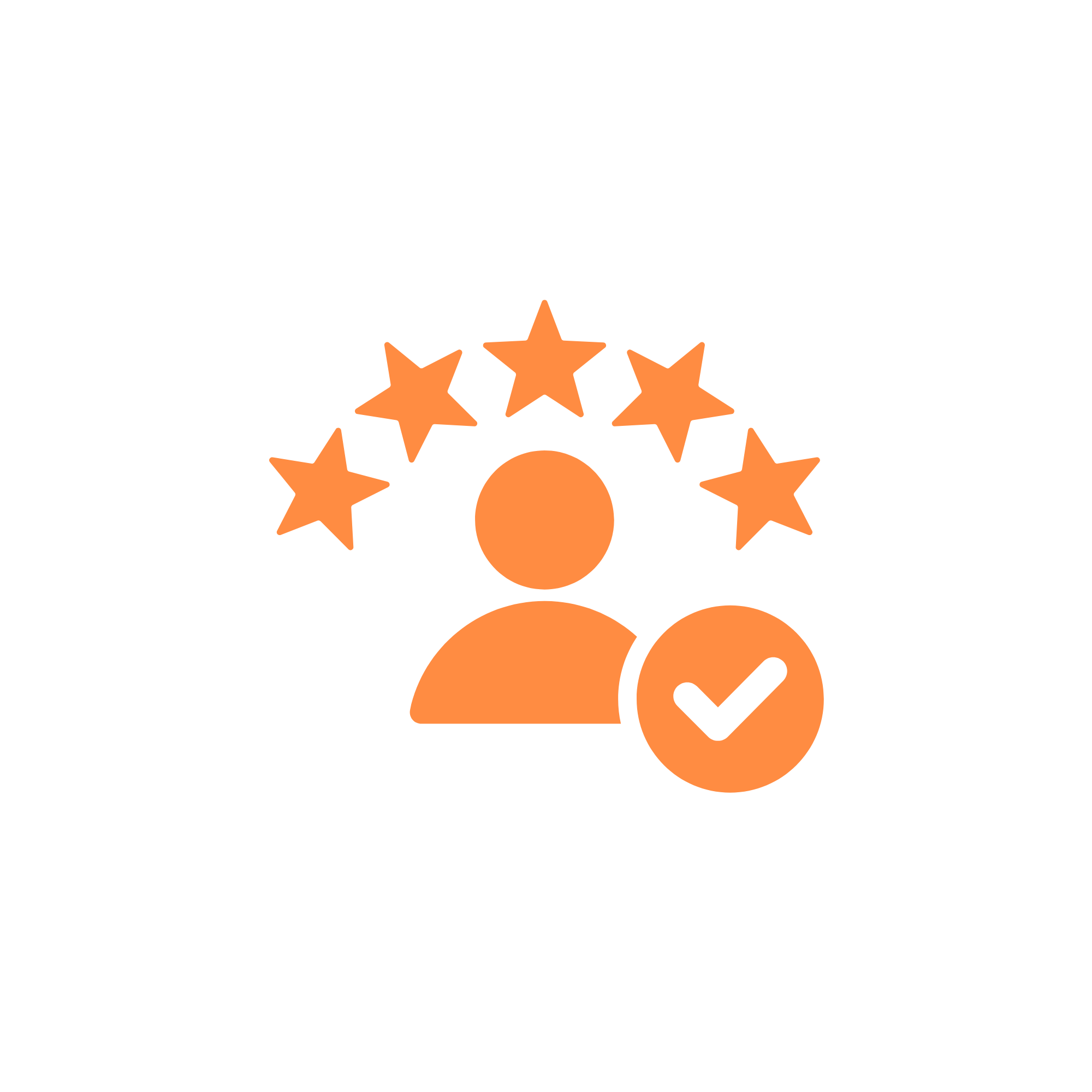 Person with orange icons representing various achievements and a checkmark.