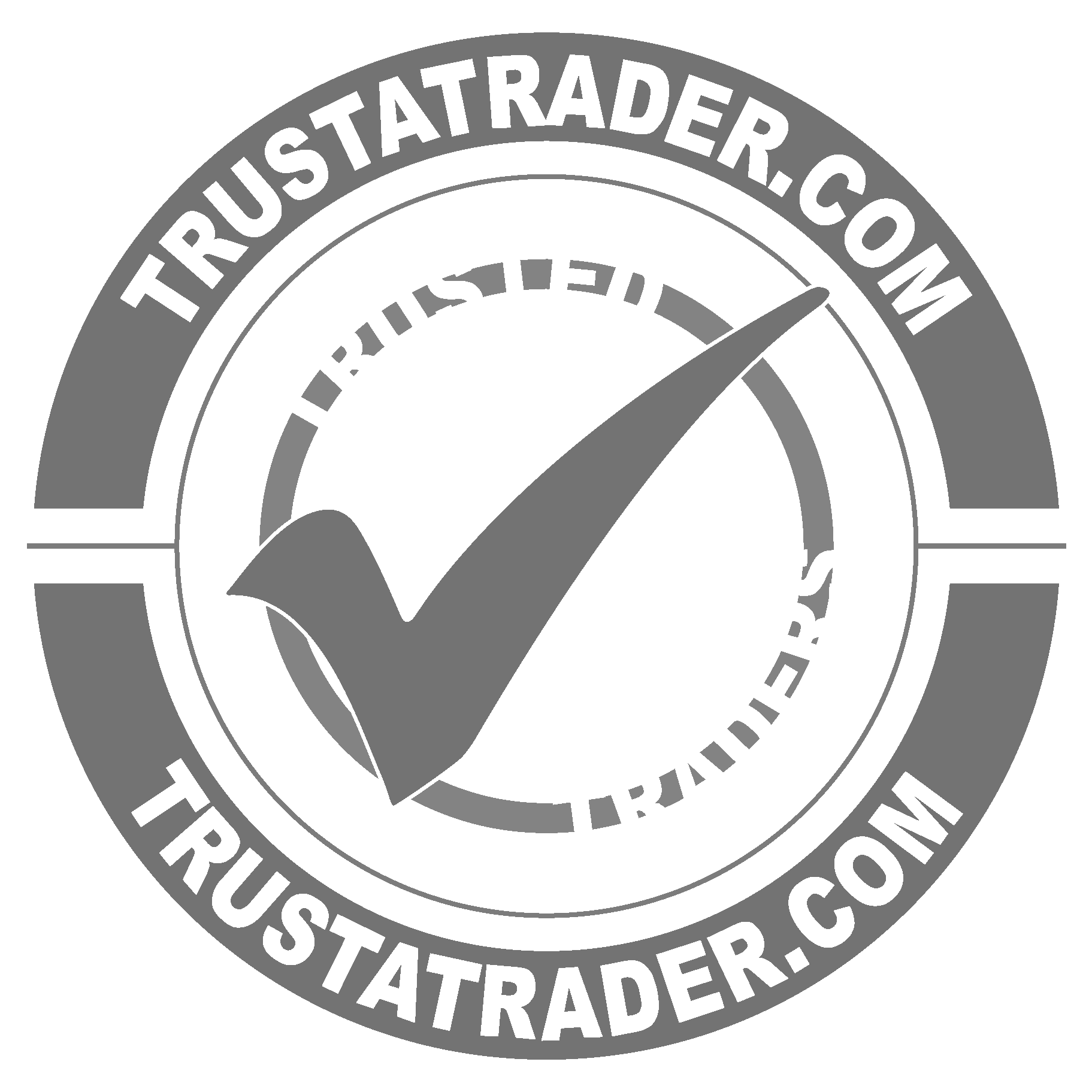 Close-up of a circular government certification seal indicating the entity is a trusted trader, with a checkmark and text around the circle.