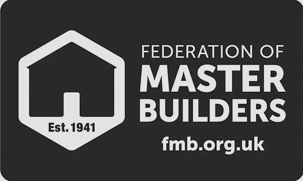 Black logo for Federation of Master Builders featuring a white house outline, text 'Est. 1941', website 'fmb.org.uk', and the organization name in large letters.