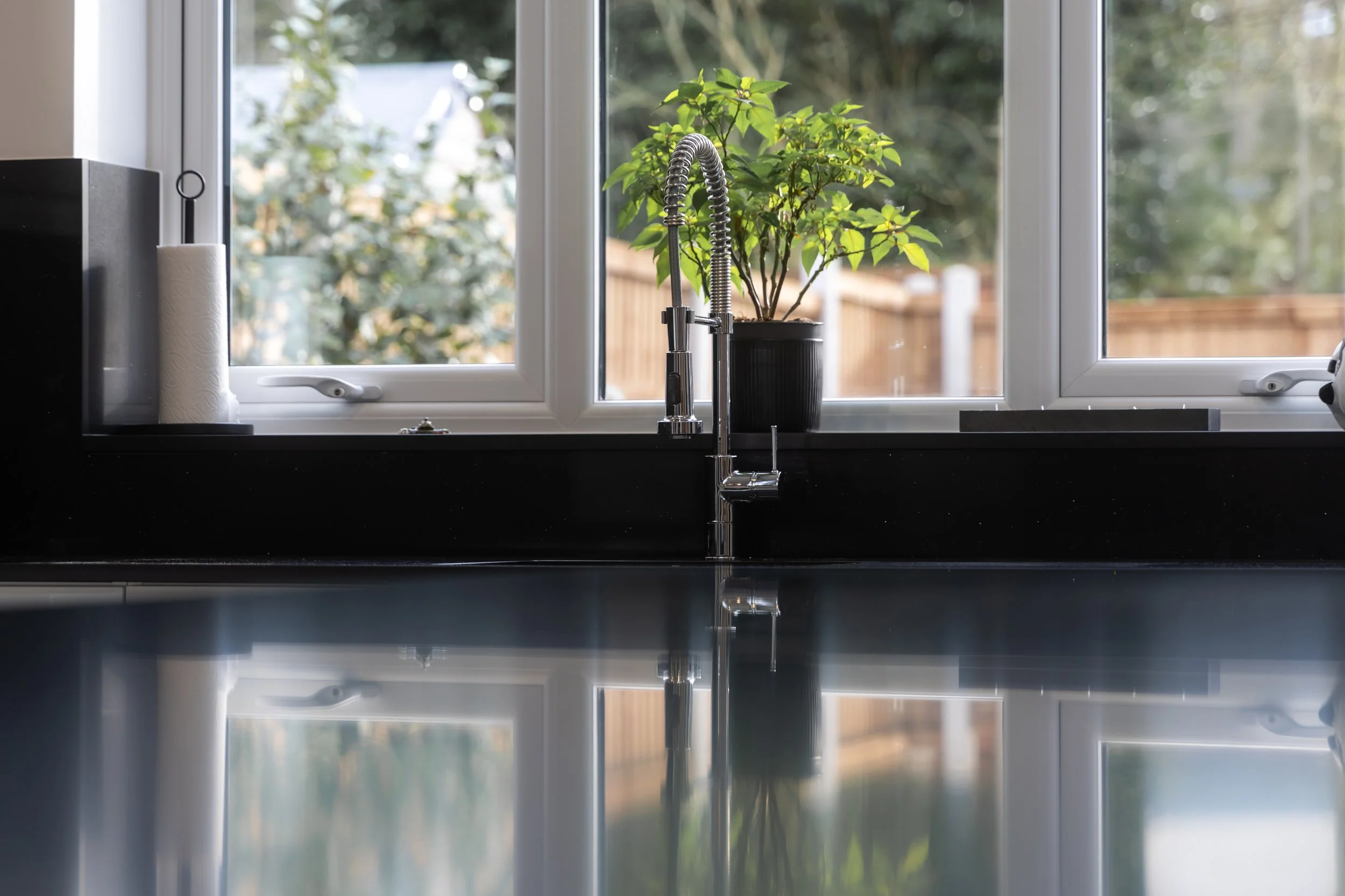 View from behind a black kitchen sink looking out the window with a potted green plant and a paper towel roll on a black countertop.