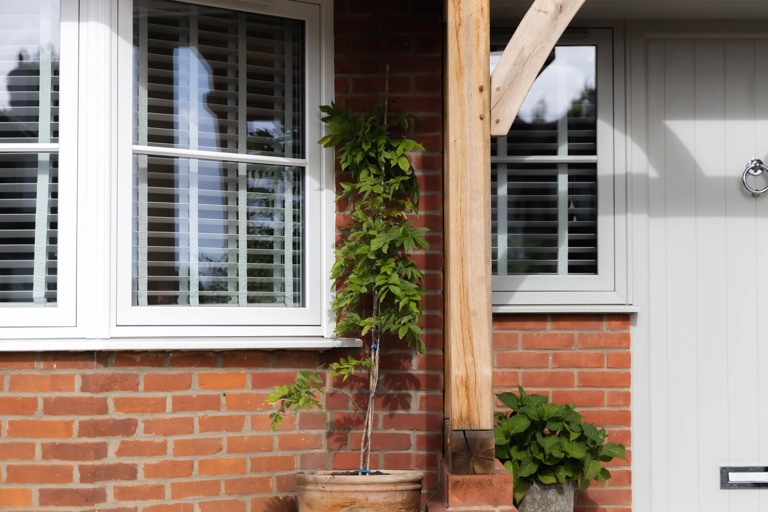 A close-up of a house exterior featuring a white window with blinds, red brick wall, and a potted plant with green leaves next to a wooden post.