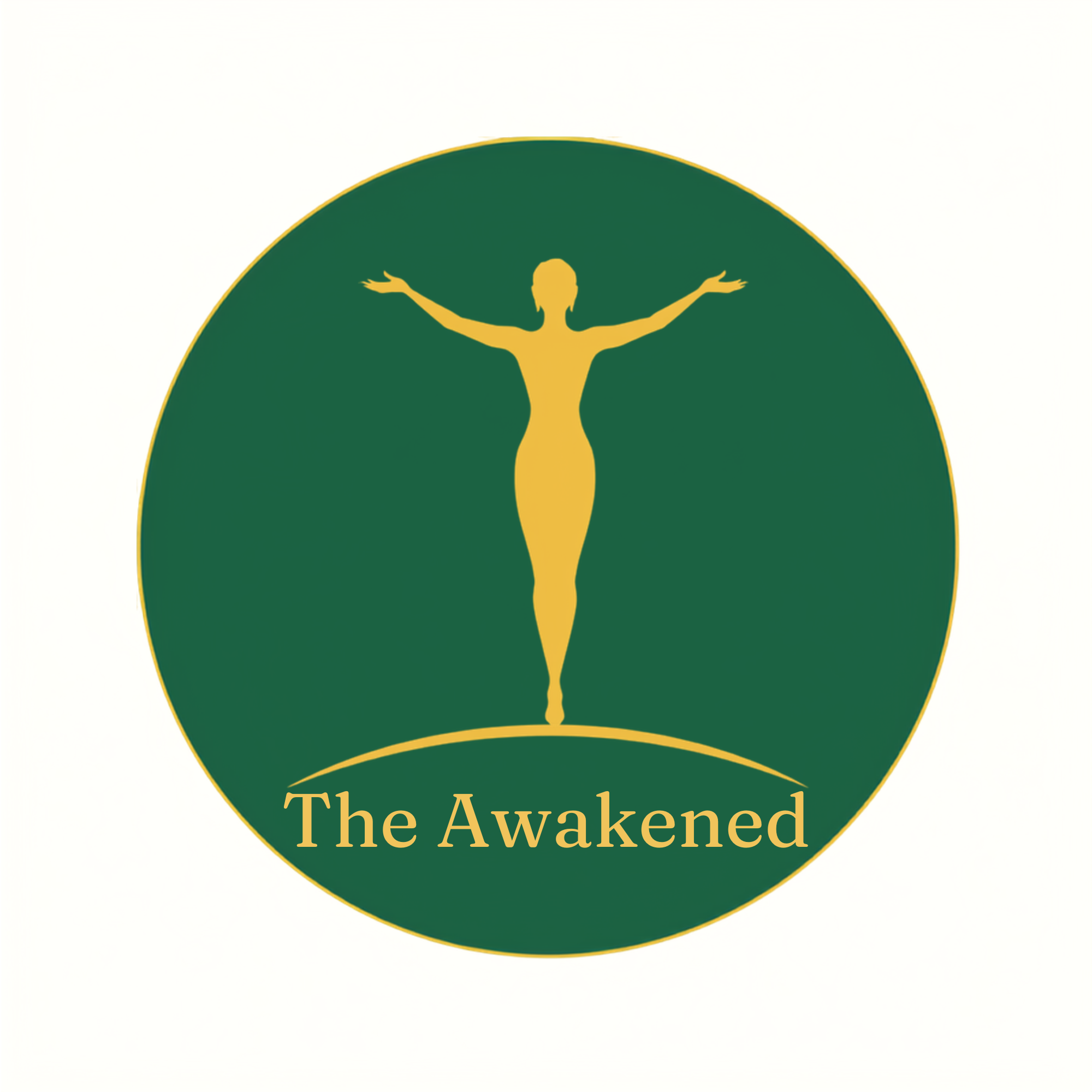 The cover of a book titled "The Awakening" with a green circular background, a stylized gold silhouette of a person with arms outstretched, and gold text.