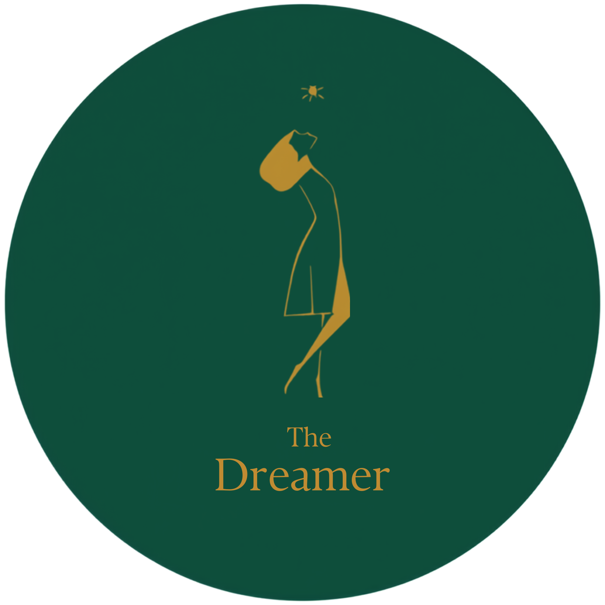 A dark green circular background with a simple gold outline of a person dreaming and a small star above, along with the text 'The Dreamer' in gold.