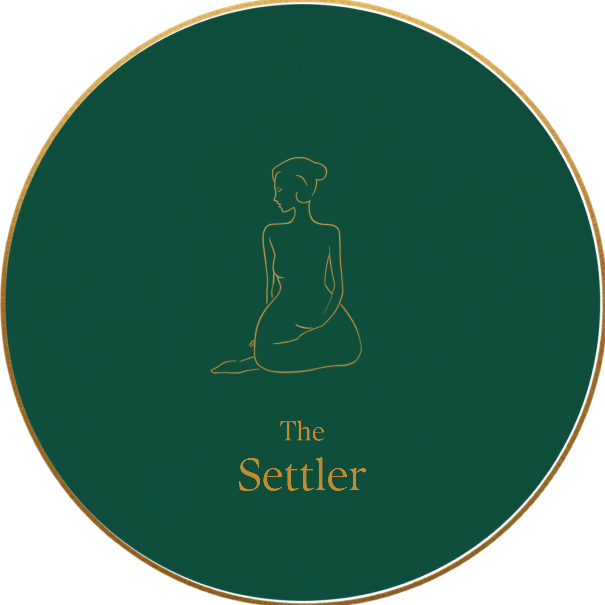 Gold-bordered green circle featuring a simple line drawing of a woman kneeling, with the text 'The Settler' in gold beneath her.