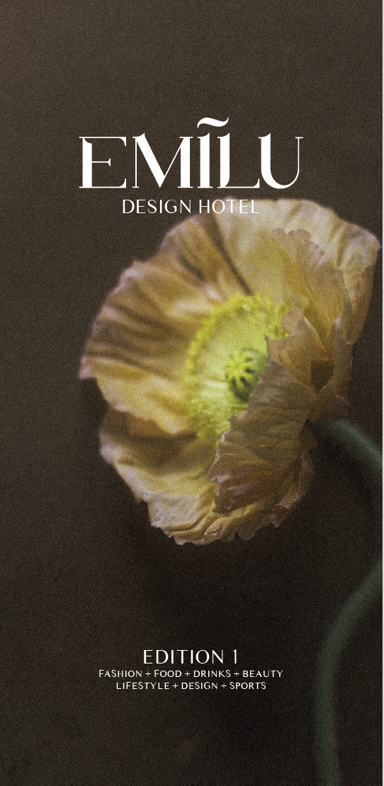 Titelbild mit einer gelben Blume auf dunklem Hintergrund, Logo 'EMİLU DESIGN HOTEL', Text 'EDITION 1', Themen: Mode, Essen, Getränke, Schönheit, Lifestyle, Design, Sport.
