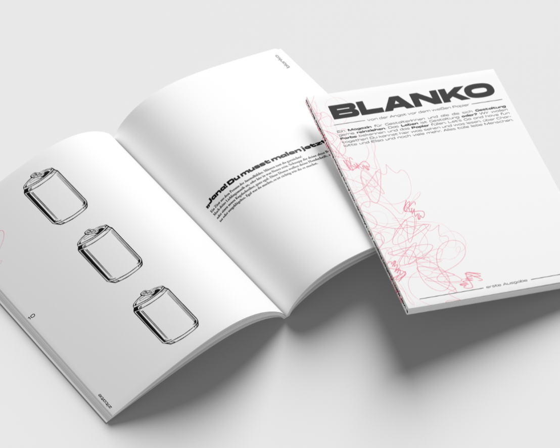 Offenes Magazin mit Zeitschrifteninhalten, u.a. grafische Zeichnungen von Dosen und Text über Blanko.