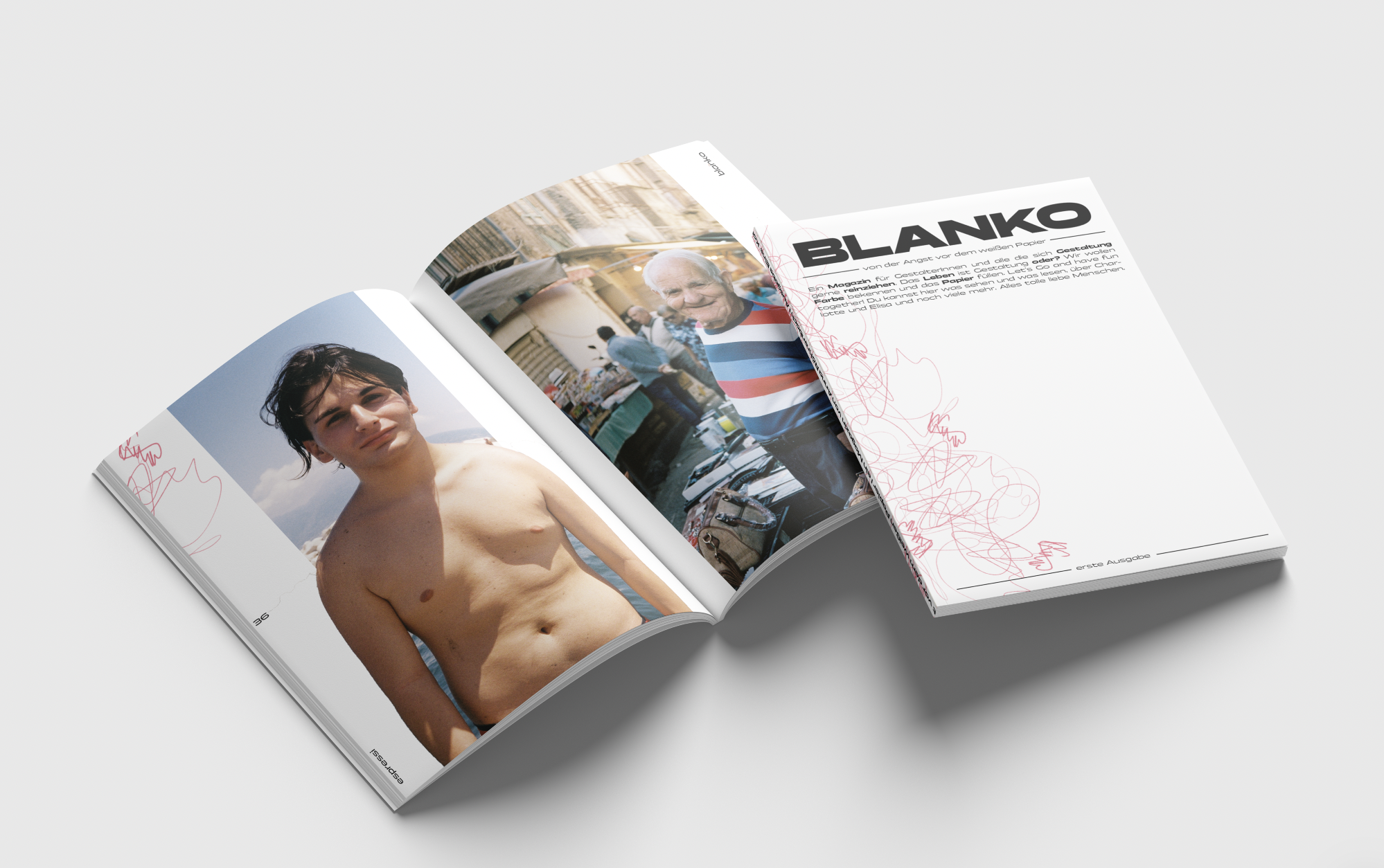 Offener Magazin mit einer Fotografie eines jungen Mannes ohne Oberkörper und einer Fotografie eines älteren Mannes mit grauem Haar und gestreiftem Shirt auf einer Marktstraße.