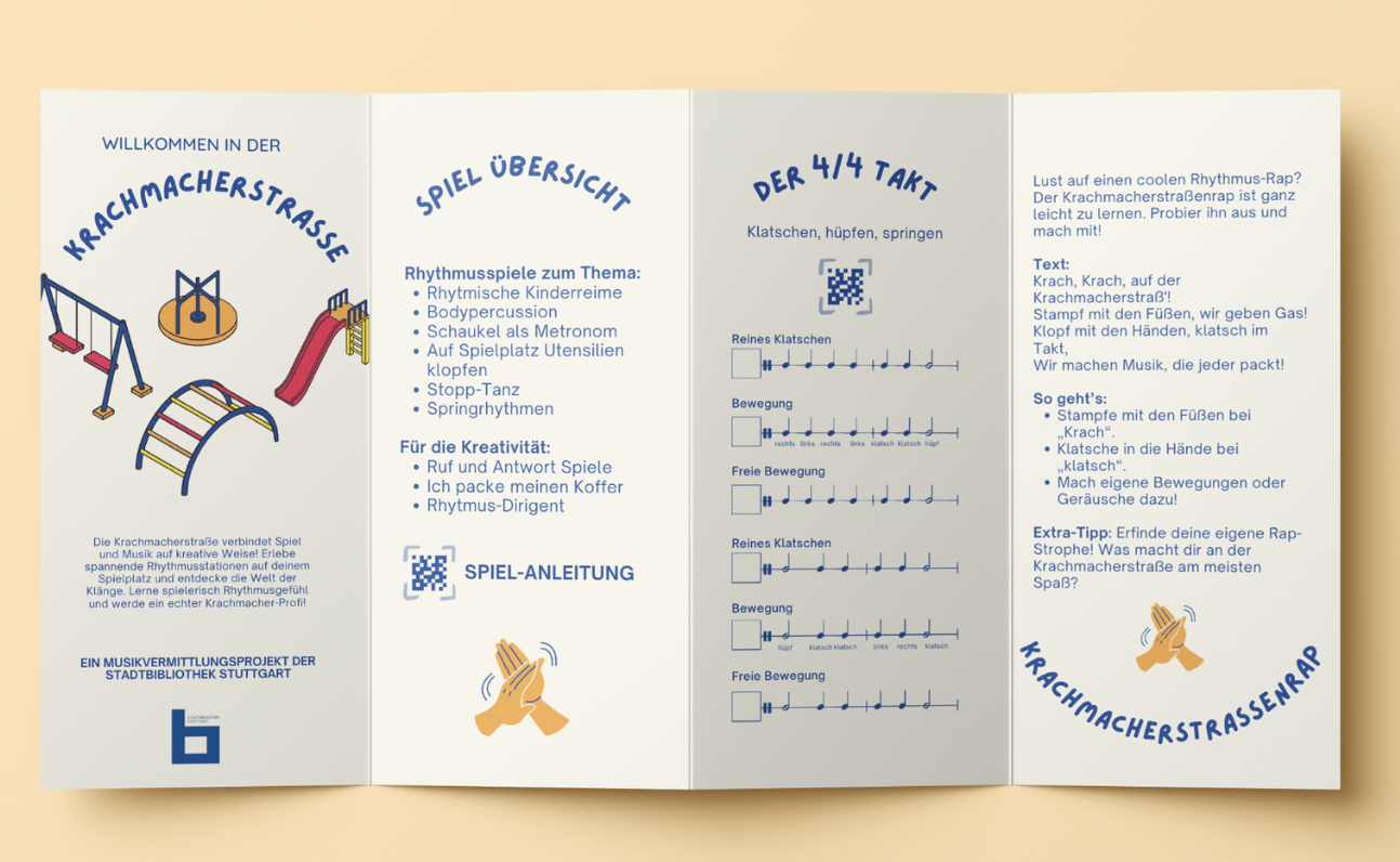 Ein Informationsflyer für die Spielstraße Krachmacherstraße in Stuttgart, mit Regeln für Rhythmusspiele, eine Spielübersicht, Anleitungen zu verschiedenen Rhythmen und kreativen Aktivitäten, sowie einen Tip für eigene Rap-Strophen.