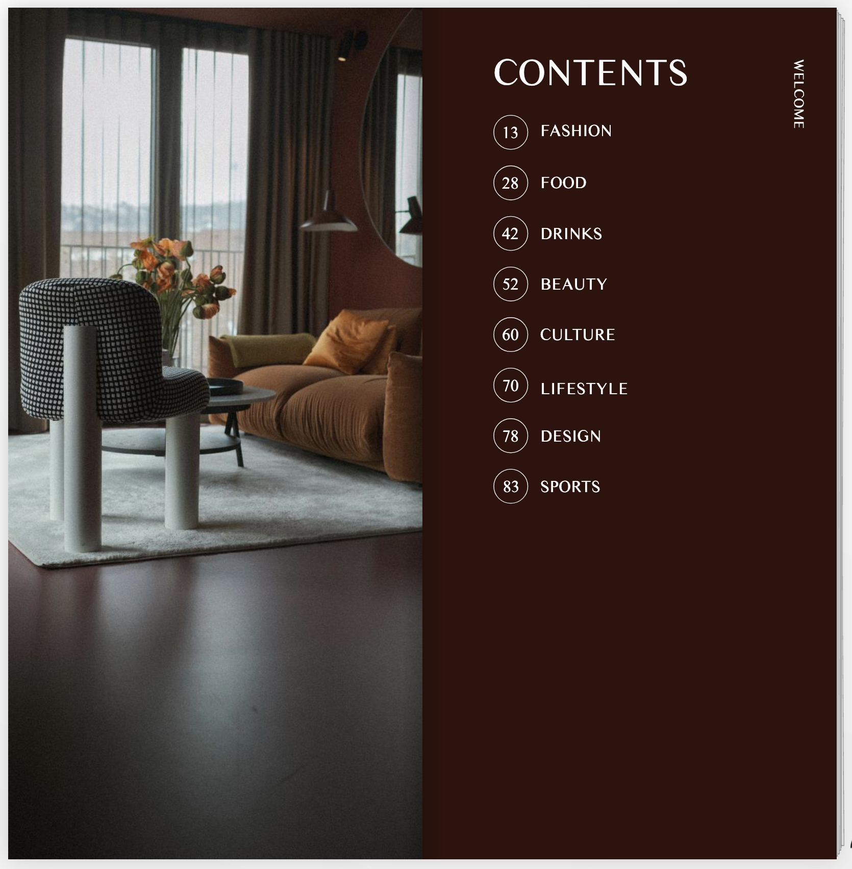 Ein modern eingerichteter Raum mit einem Sofa, Blumen, einem großen Fenster mit Vorhängen und einem runden Spiegel an der Wand, daneben eine Speisekarte mit Inhaltsverzeichnis für einen Lifestyle-Artikel.