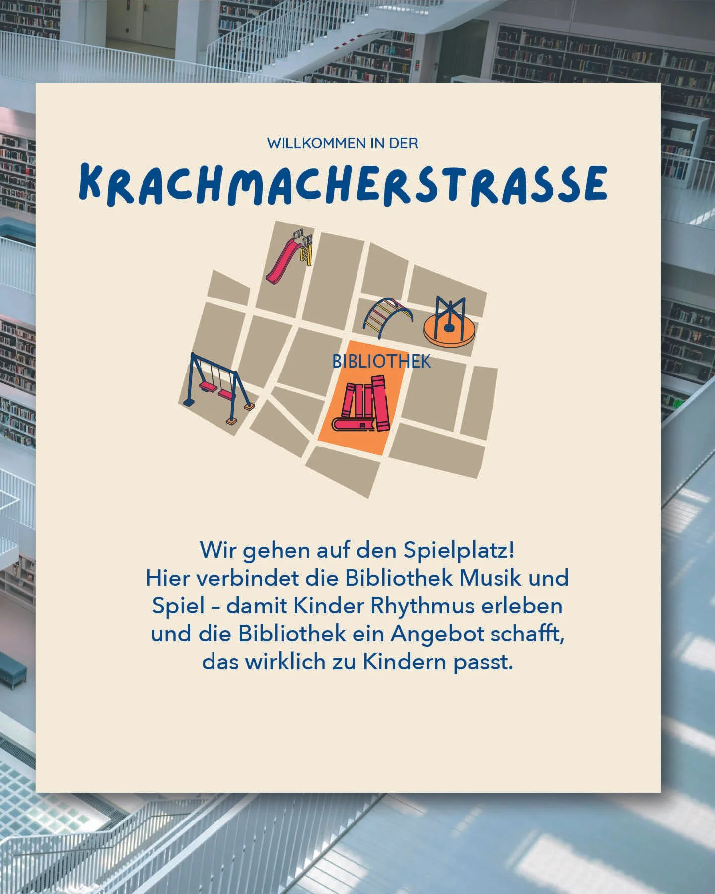 Willkommen in der Krachmacherstraße, Karte mit Spielplatz-Icons, Übersicht der Bibliothek und Text über Verbindung von Musik, Spiel und Kinderförderung in der Bibliothek.
