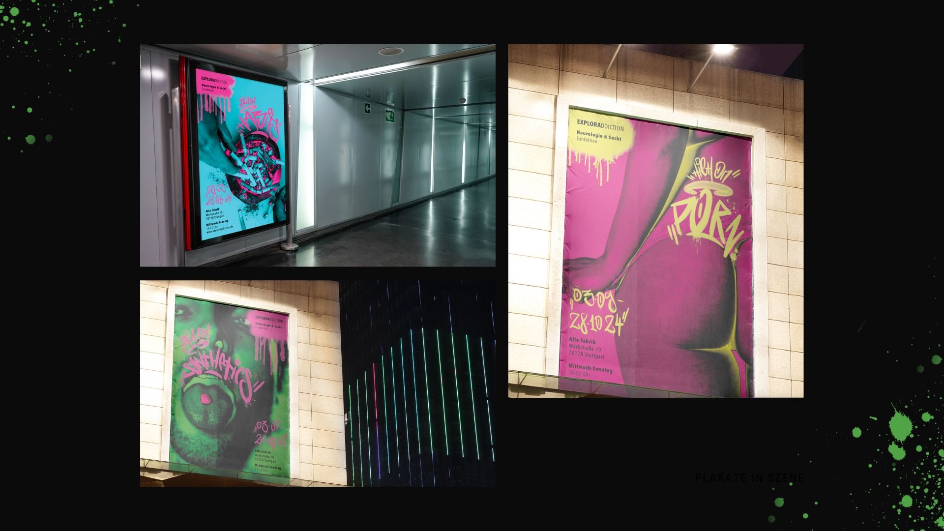 Verschiedene Werbeplakate für die Ausstellung "Explor addiction" an einer Wand, mit neonfarbigen Graffiti-Designs und Text in verschiedenen Farben, in einem öffentlichen Raum, vermutlich in einer U-Bahn Haltestelle oder U-Bahn Station.