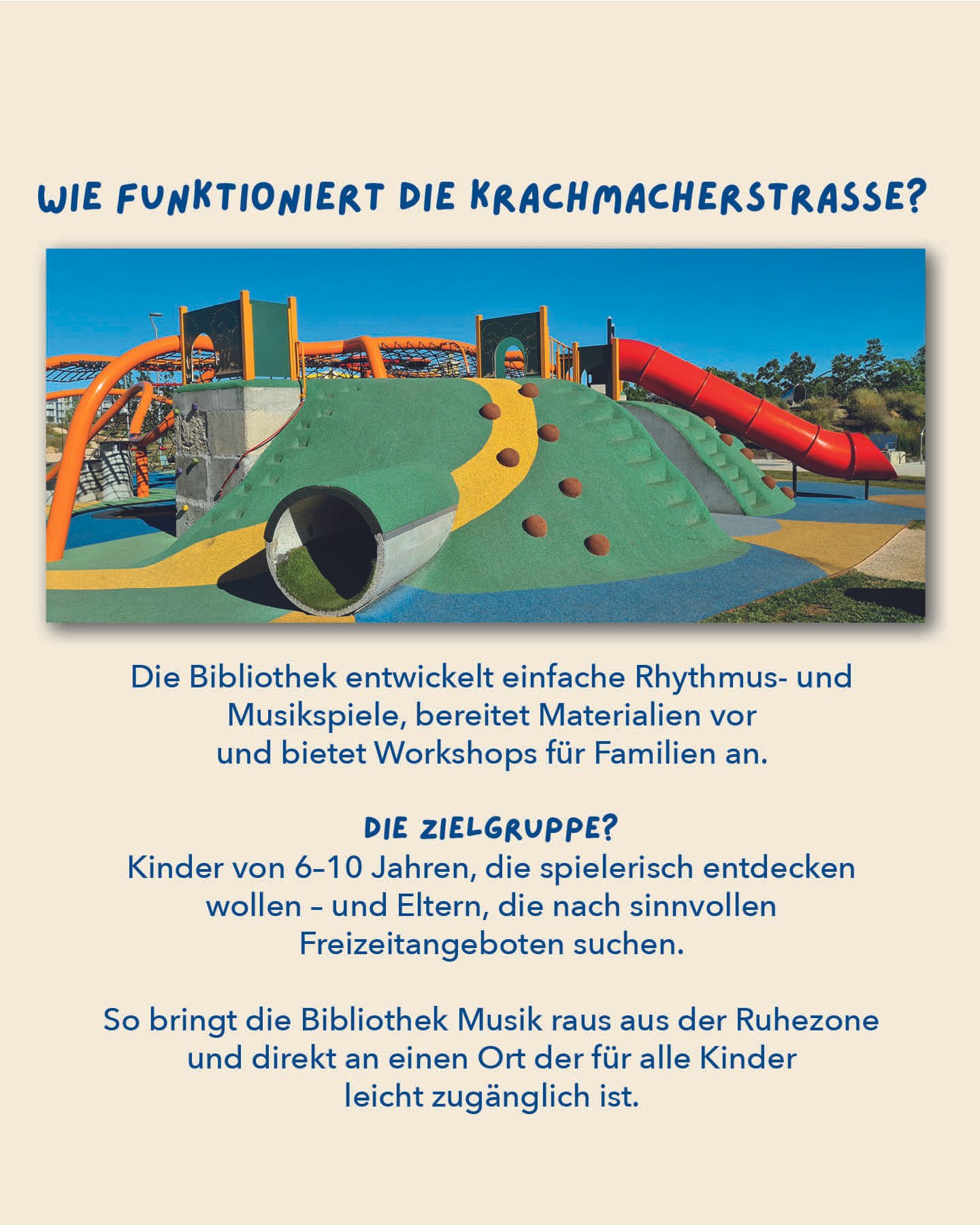 Spielplatz mit Rutschbahn, Kletterwand und Hügel, blauer Himmel, Kinder spielen