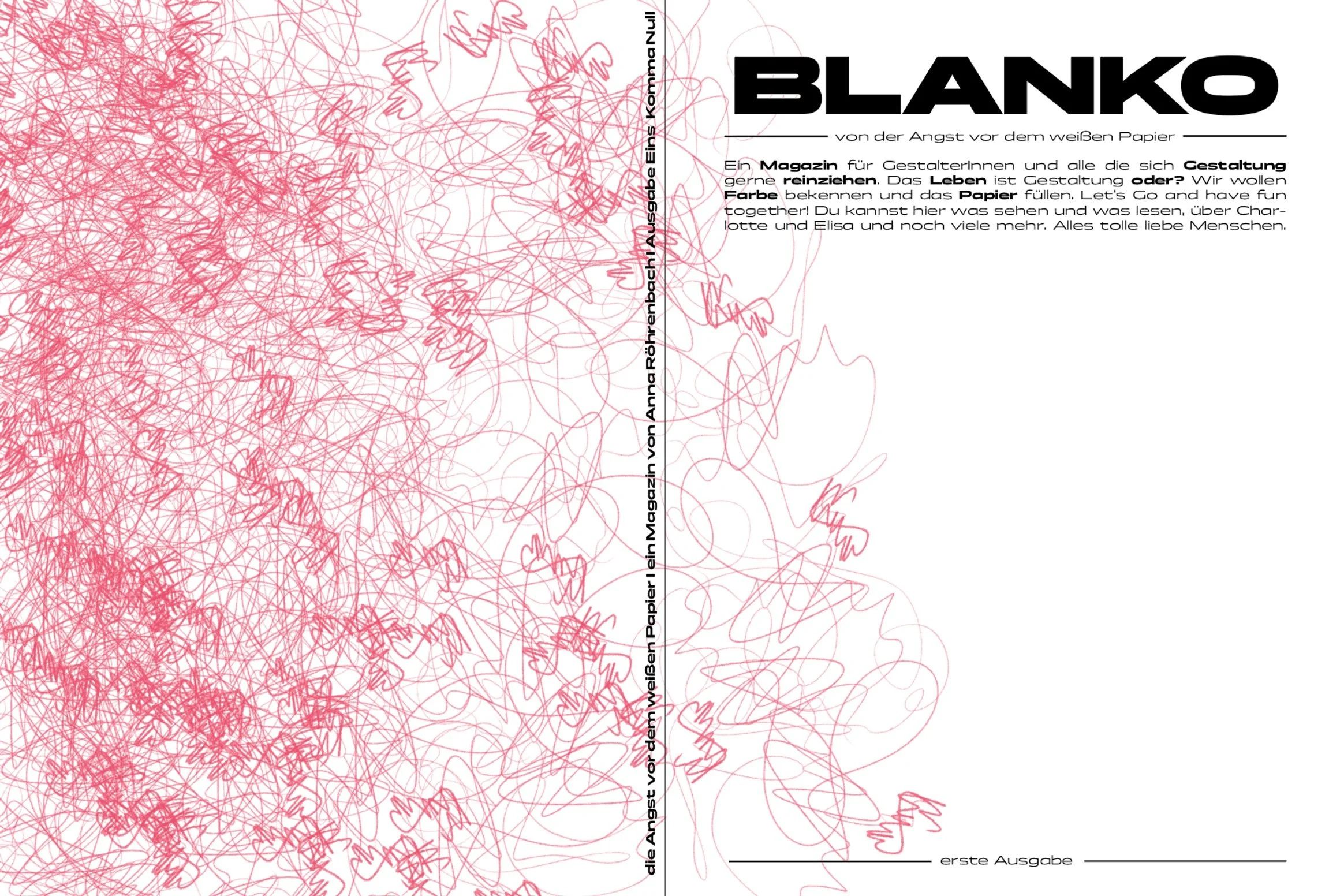 Buchcover mit pinken Kritzeln und schwarzem Titel 'BLANKO' sowie deutschem Text über Angst vor weißem Papier.