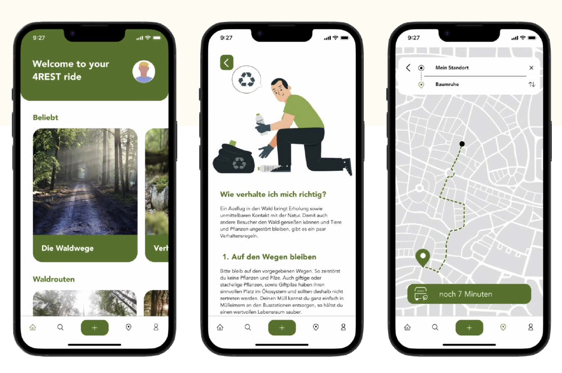 Drei Smartphone-Bildschirme zeigen eine App zur Umweltentdeckung und -pflege, mit Waldfotos, einem Umweltratgeber und einer Kartenroute zur Wanderung im Wald.