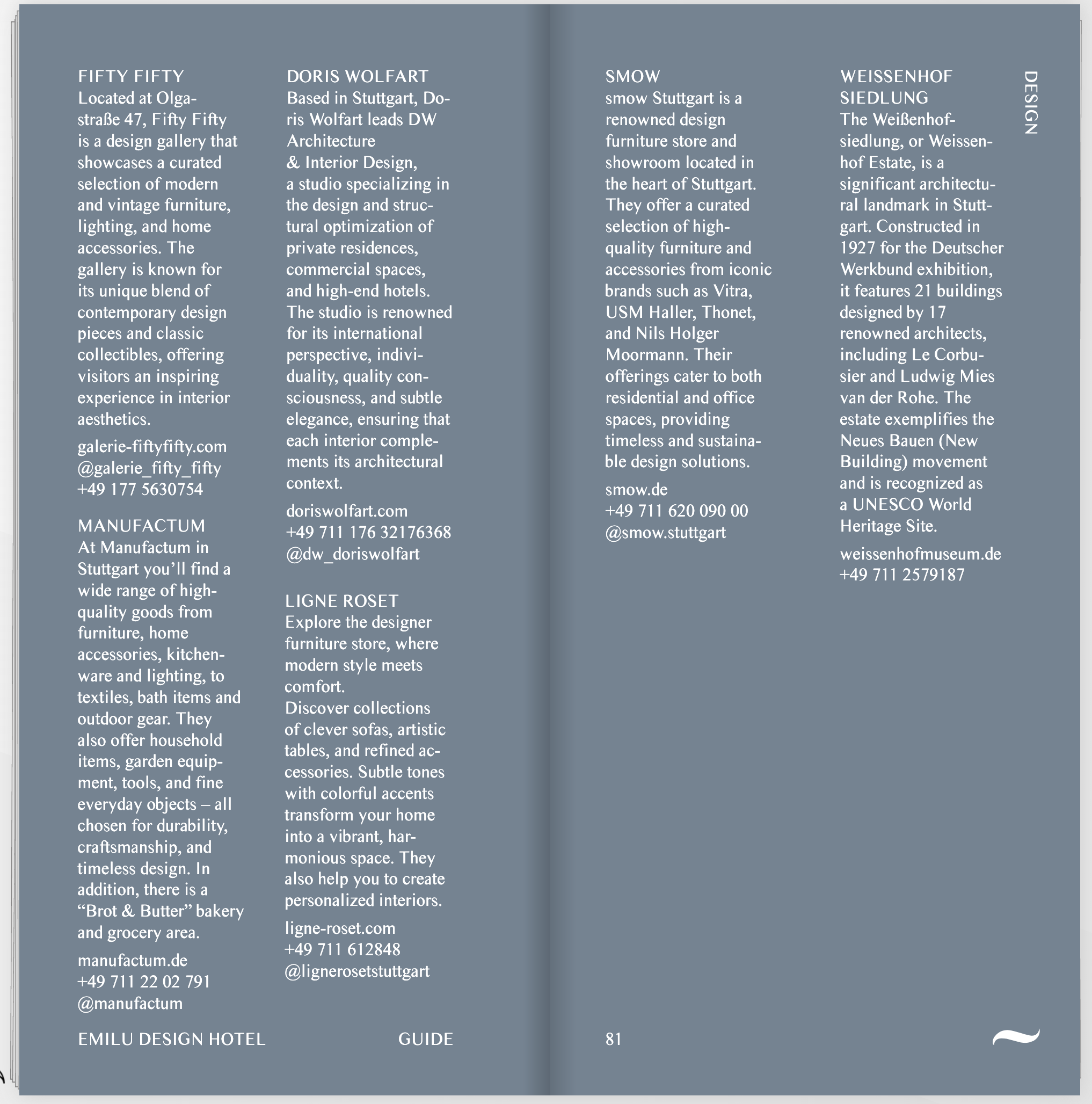Doppeltes Buchlayout mit Text in deutscher Sprache, in Blau- und Grautönen, mit Beschreibungen zu Designläden, Innenarchitektur, Möbel, Architektur und Stadtplanung. Seitenzahl 81 im unteren rechten Bereich, stilisiertes weißes Design-Element in der unteren rechten Ecke.