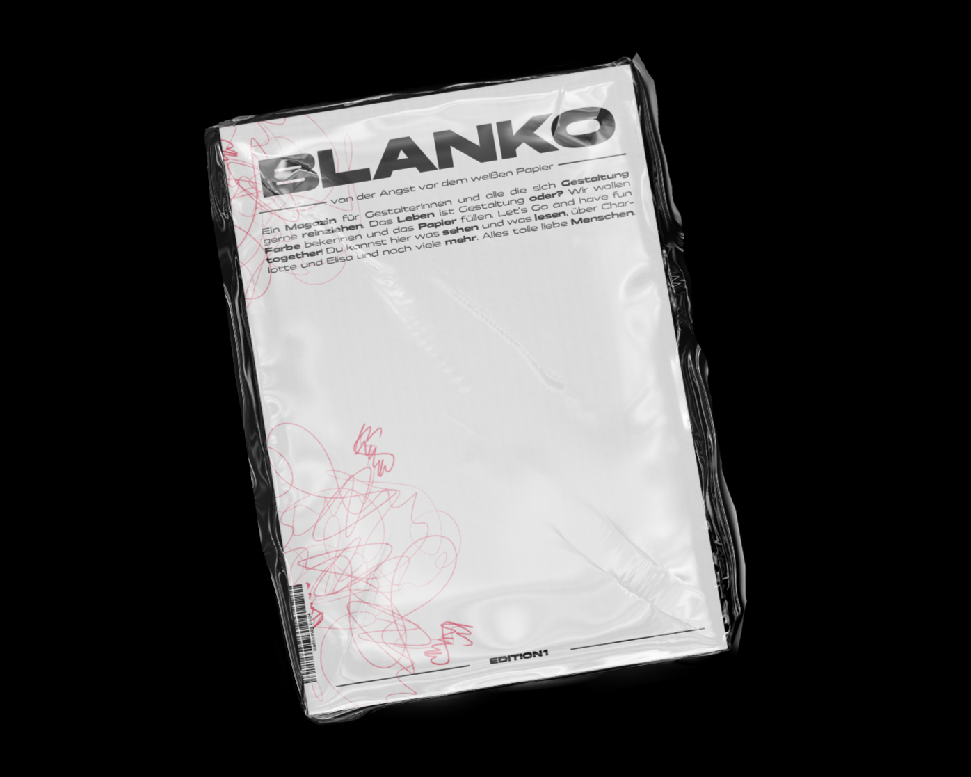 Ein weißes Heft mit dem Titel 'BLANKO' und Text in deutscher Sprache, das auf einem schwarzen Hintergrund liegt.