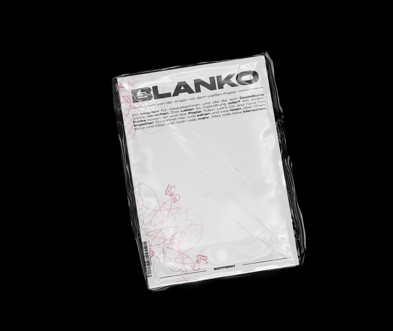 Verpackung eines Magazins namens 'Blanko' mit schwarzem und weißem Design auf schwarzem Hintergrund.