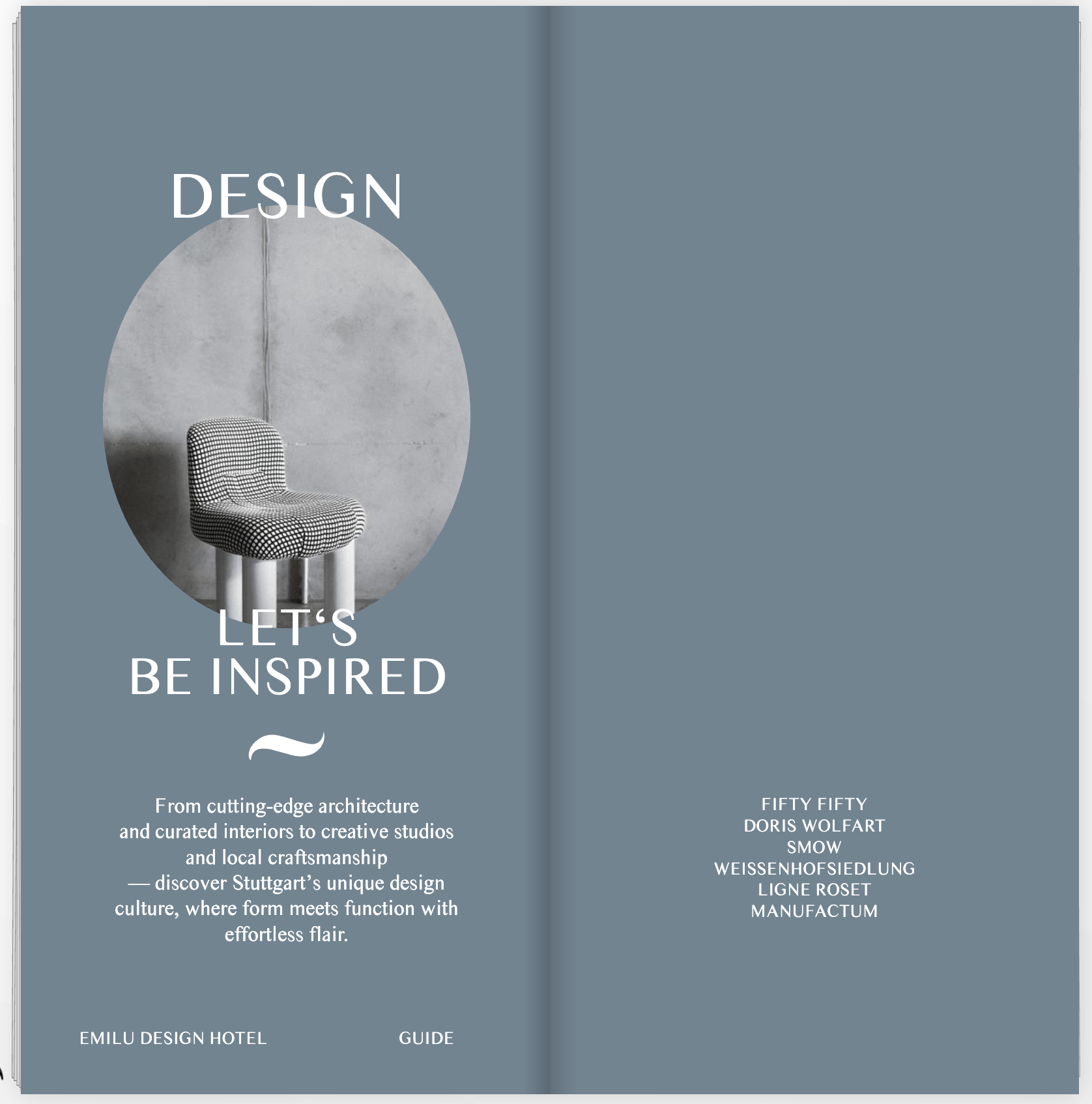Buchcover mit dem Titel 'Design Let's Be Inspired' von Doris Wolfart, mit einem Bild eines Stuhls aus Beton- und Stoffmaterial vor einer grauen Wand, darunter Text über Architektur, Inneneinrichtung und Handwerkskunst aus Stuttgart.