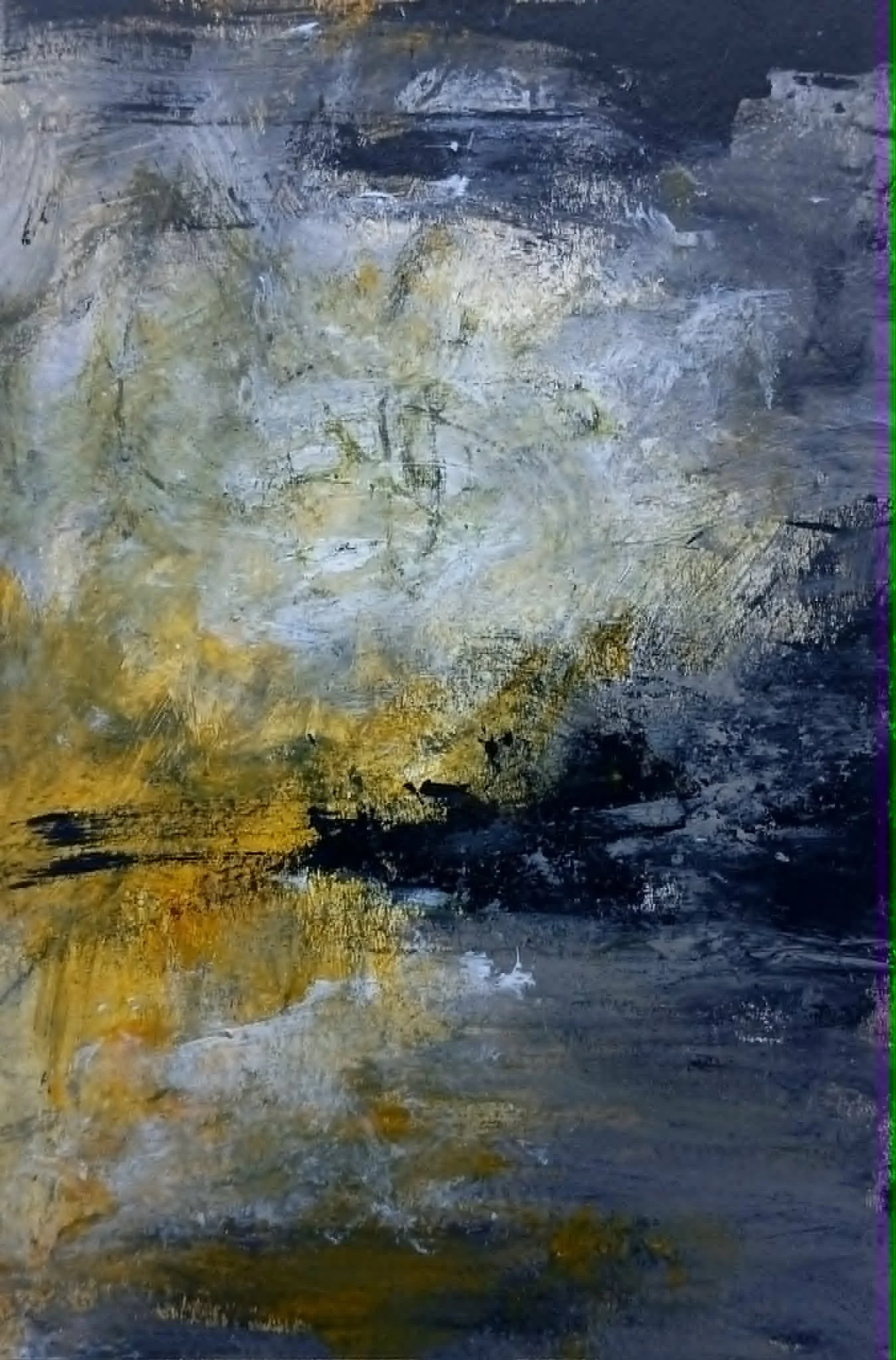 An abstract painting with dark blue, black, white, yellow, and gray brushstrokes.