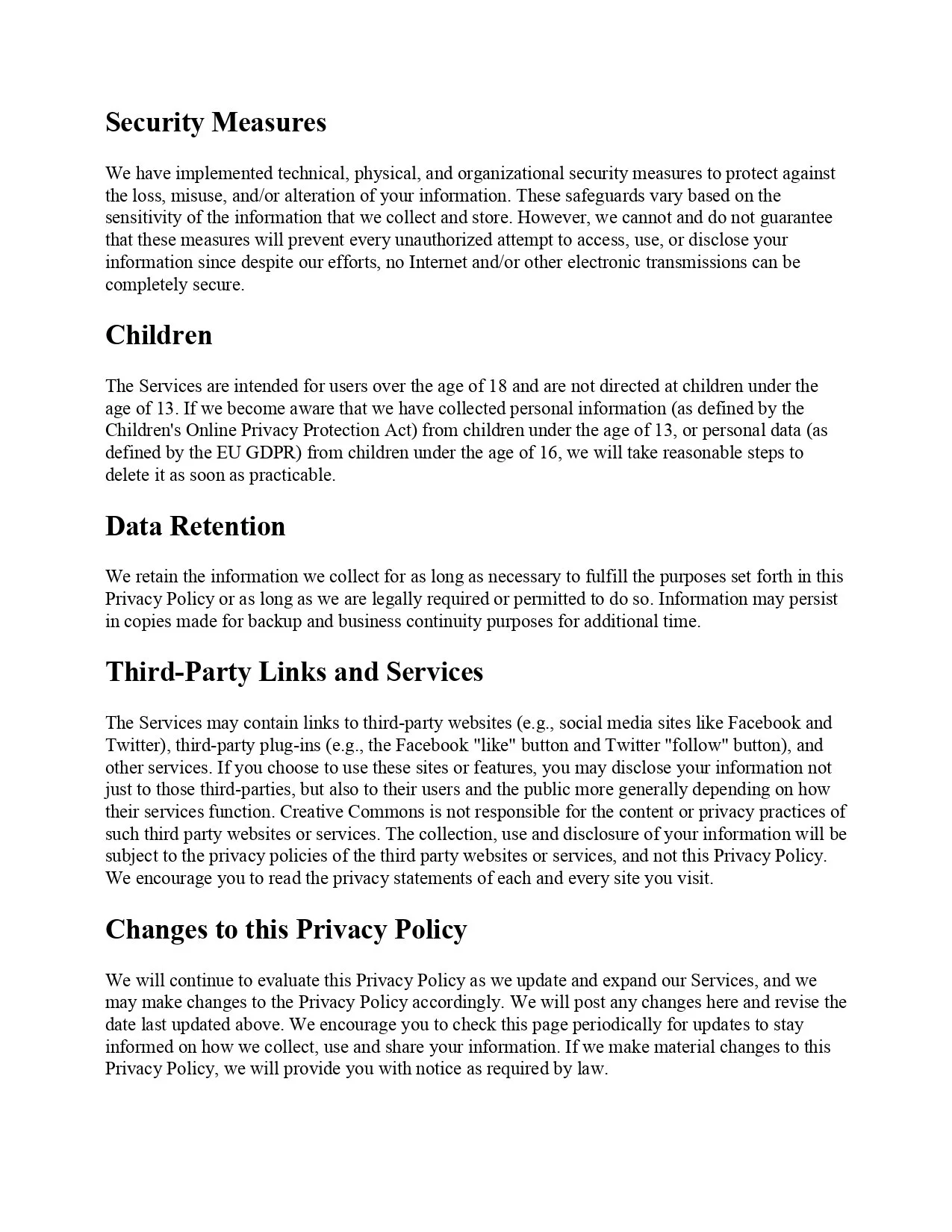 Screenshot of a privacy policy document containing sections on security measures, children, data retention, third-party links and services, and policy updates.