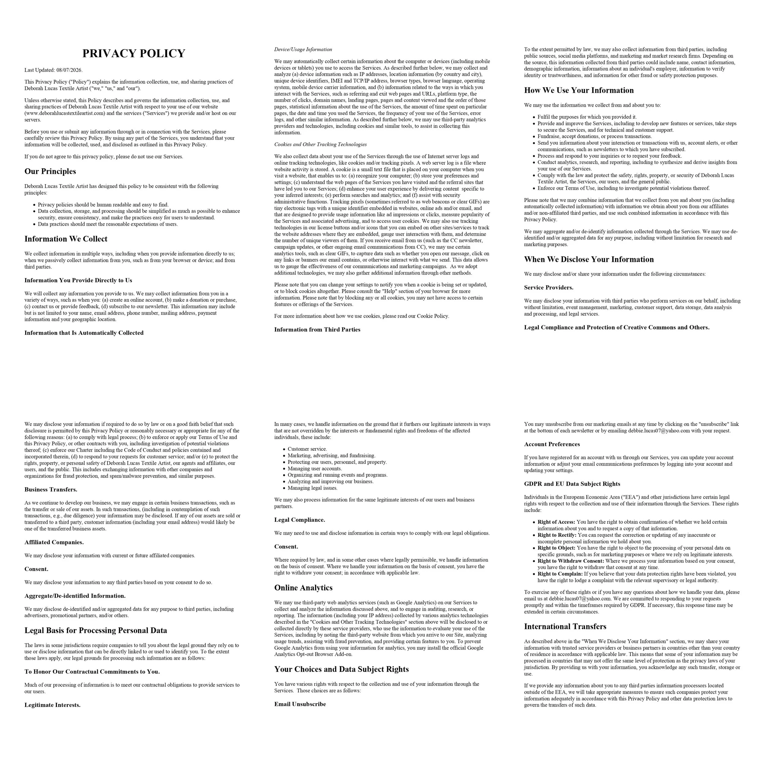 A detailed privacy policy document with multiple sections, headings, and paragraphs of text.