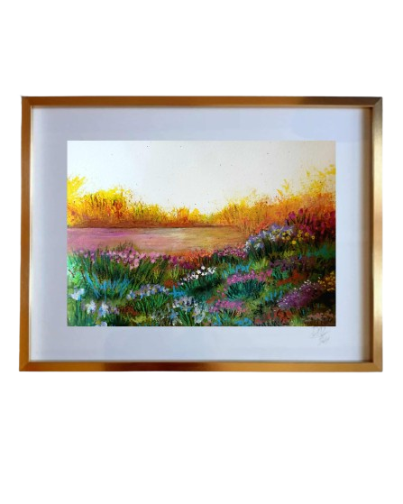 Watercolor landscape painting of a vibrant riverside scene with colorful flowers and a sunset in the background, framed in gold.