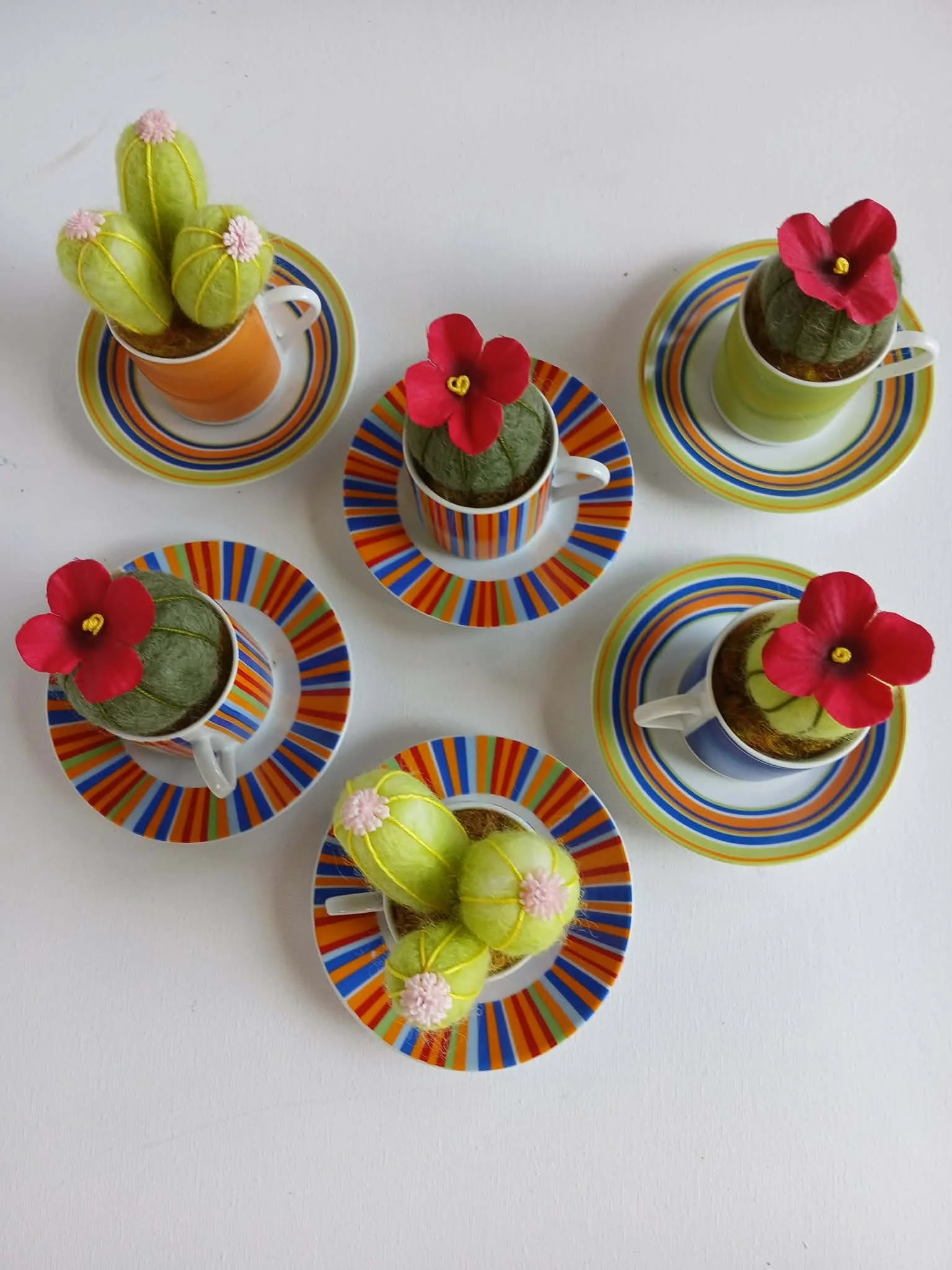 Whimsical Striped Espresso Cup with Felted Cactus