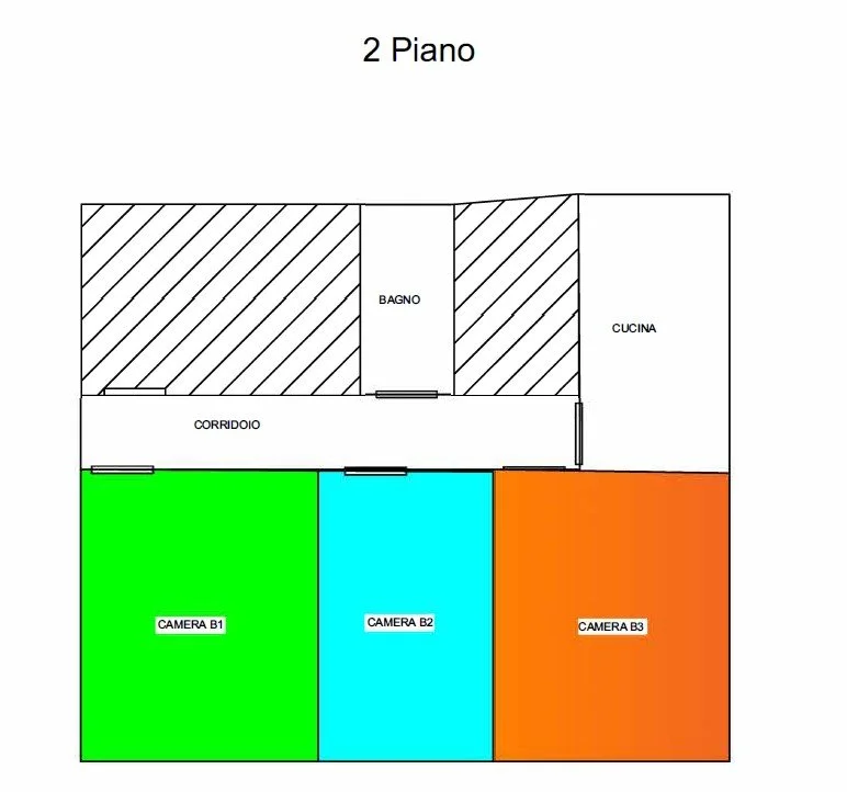 Pianta di un appartamento al secondo piano con tre camere da letto, un bagno, un corridoio e una cucina. Le camere sono colorate rispettivamente in verde, azzurro e arancione.