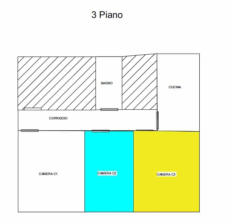 Pianta di un appartamento al terzo piano con tre camere da letto, un soggiorno, una cucina, un bagno e un corridoio.