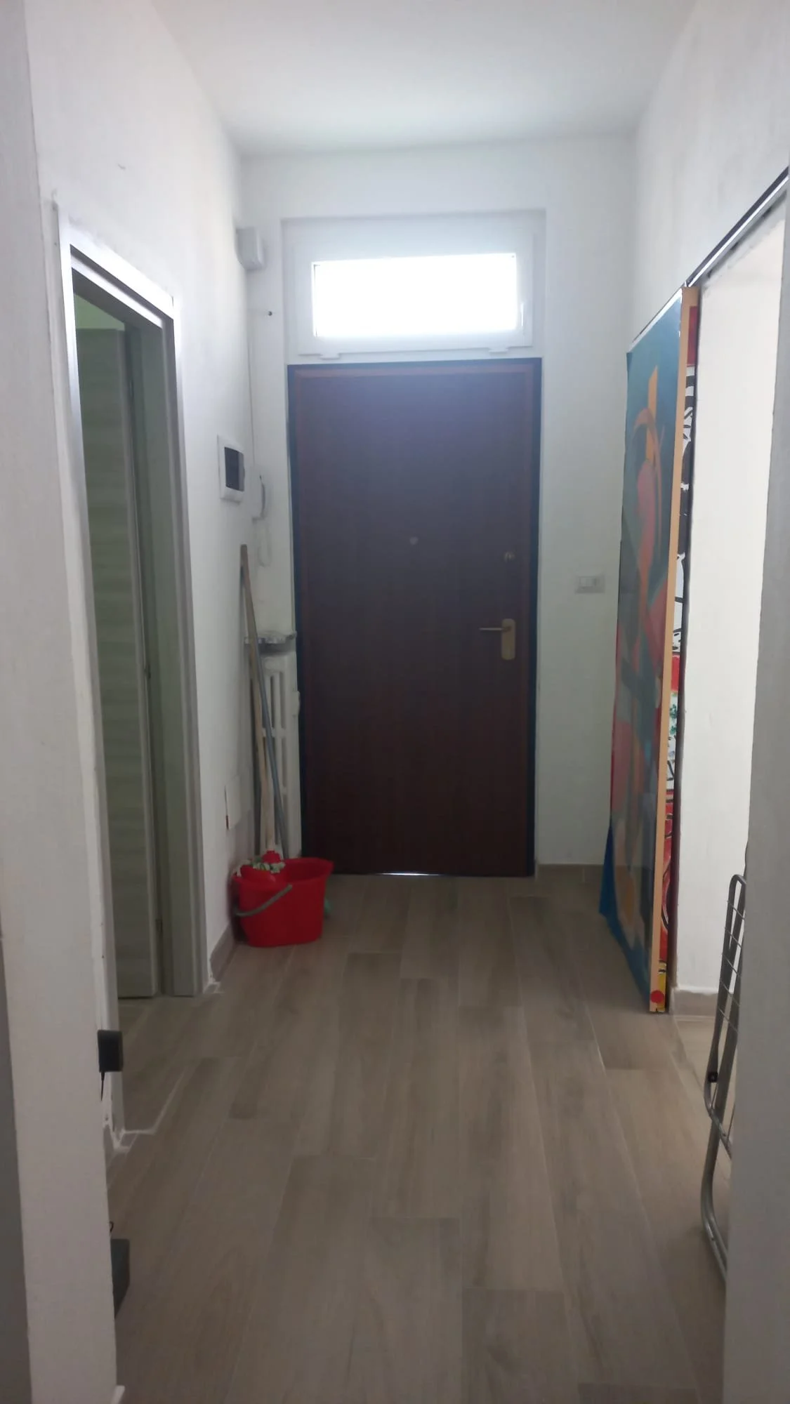 Ingresso di una casa con porta in legno scuro, finestra sopra la porta, arredamento minimalista, pavimento in piastrelle beige, attrezzi di casa a sinistra, pannelli o tende colorati a destra.