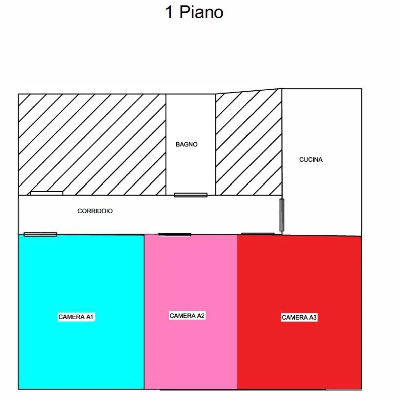 Pianta di un appartamento con tre camere da letto colorate in azzurro, rosa e rosso, un bagno, una cucina e un corridoio.