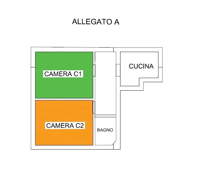 Pianta di un appartamento con due camere da letto, cucina e bagno.