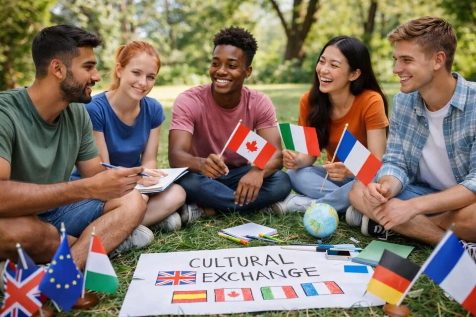 Gruppo di giovani seduti sull'erba in un parco, che partecipano a uno scambio culturale, tenendo piccole bandiere di vari paesi e un cartello con scritto "Cultural Exchange".