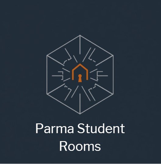 Logo con orologio e serratura, testo 'Parma Student Rooms'