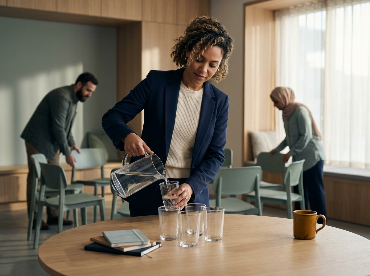 A woman in a navy blazer pouring water into glasses on a wooden table, with two other people cleaning in the background in a well-lit room with large windows.